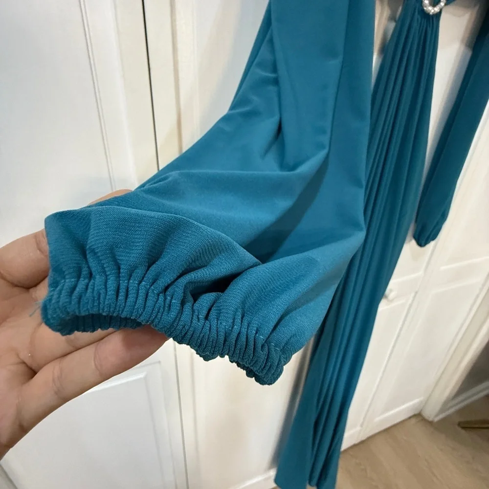 NWT |Mac Duggal 26727 Ocean Blue Jersey Puff Sleeve Cut Out Gown Size 12 - Picture 11 of 12